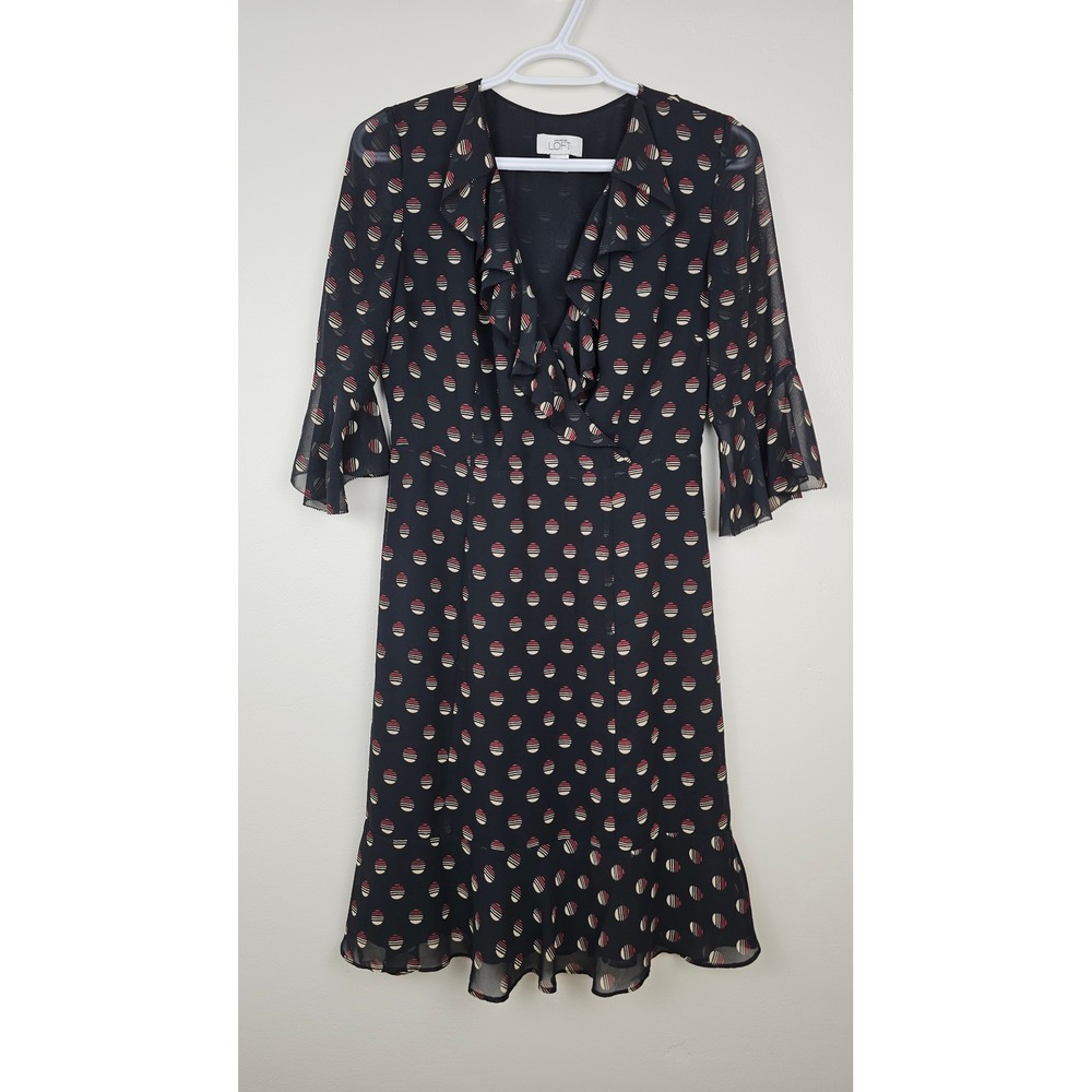 LOFT Dress Women 0 Black Geometric Faux Wrap Ruffle Flounce Bell Sleeve